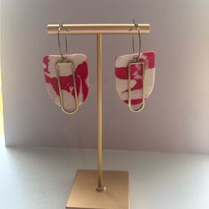 Handcrafted Hot Pink, White, and Gold Abstract Earrings